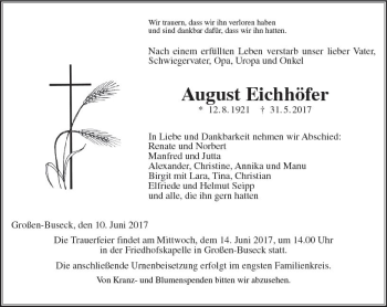 Traueranzeige von August Eichhöfer von  Gießener Anzeiger