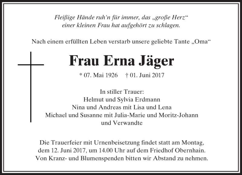  Traueranzeige für Erna Jäger vom 08.06.2017 aus  Usinger Anzeiger