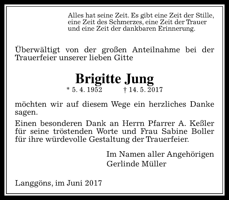  Traueranzeige für Brigitte Jung vom 03.06.2017 aus  Gießener Anzeiger