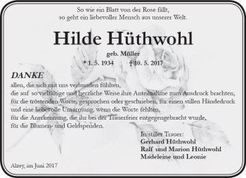 Traueranzeige von Hilde Hüthwohl von Trauerportal Rhein Main Presse