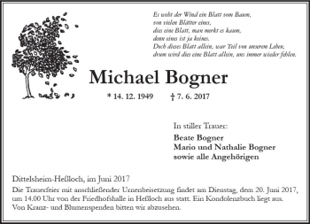 Traueranzeige von Michael Bogner von Trauerportal Rhein Main Presse