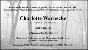 Traueranzeige von Charlotte Warnecke von Trauerportal Rhein Main Presse