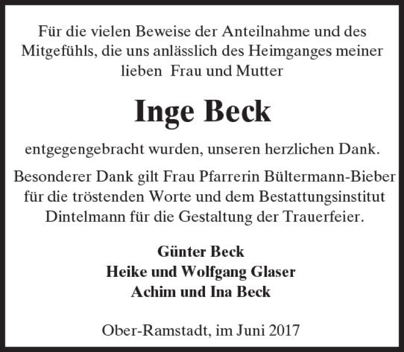  Traueranzeige für Inge Beck vom 24.06.2017 aus Trauerportal Echo Online