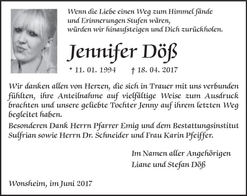  Traueranzeige für Jennifer Döß vom 17.06.2017 aus Trauerportal Rhein Main Presse