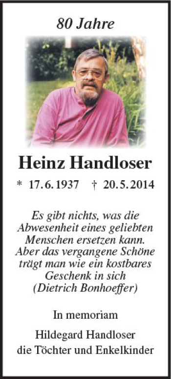 Traueranzeige von Heinz Handloser von  Gießener Anzeiger
