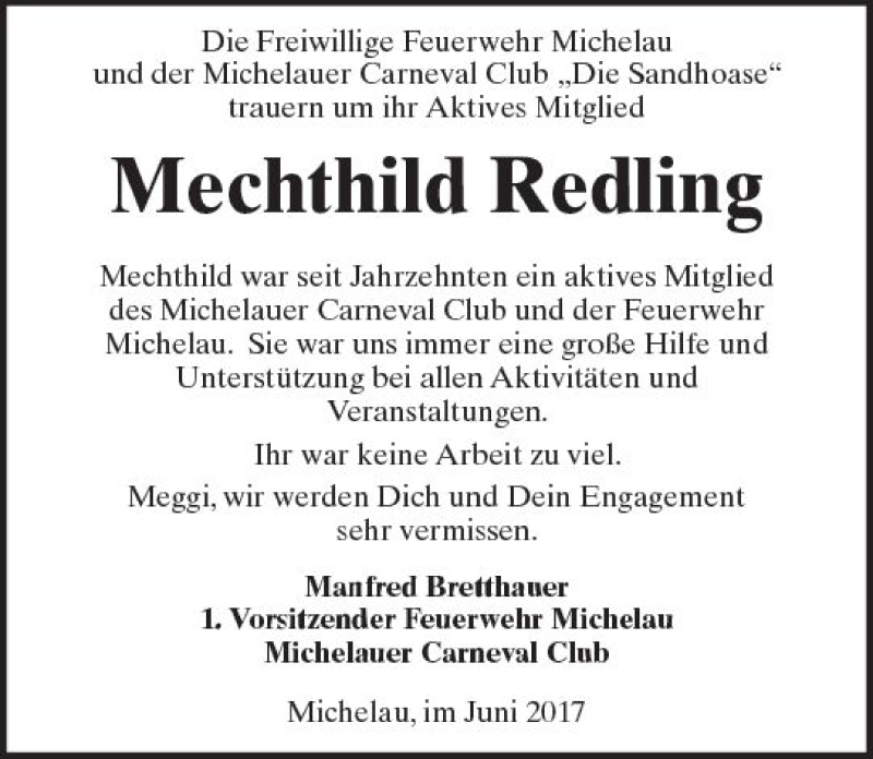  Traueranzeige für Mechthild Redling vom 17.06.2017 aus  Kreisanzeiger