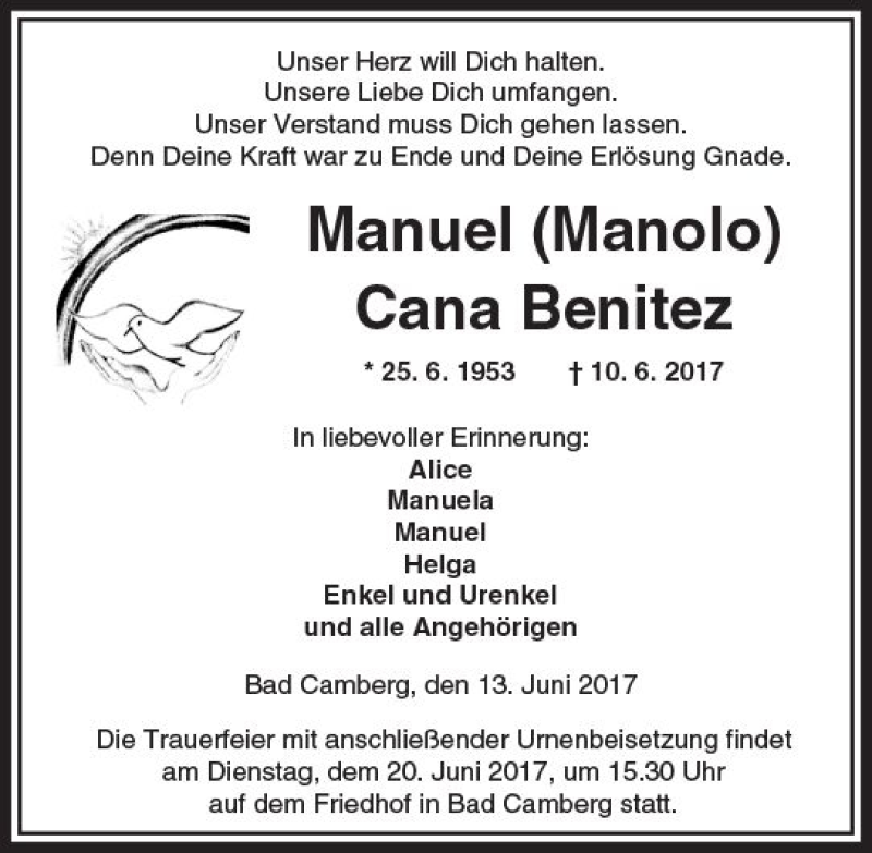  Traueranzeige für Manuel Cana Benitez vom 16.06.2017 aus  Camberger Anzeiger