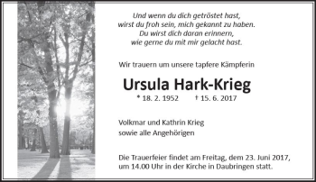 Traueranzeige von Ursula Hark-Krieg von  Gießener Anzeiger