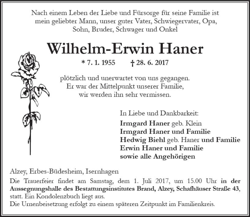  Traueranzeige für Wilhelm-Erwin Haner vom 30.06.2017 aus Trauerportal Rhein Main Presse