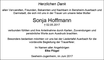 Traueranzeige von Sonja Hoffmann von Trauerportal Echo Online
