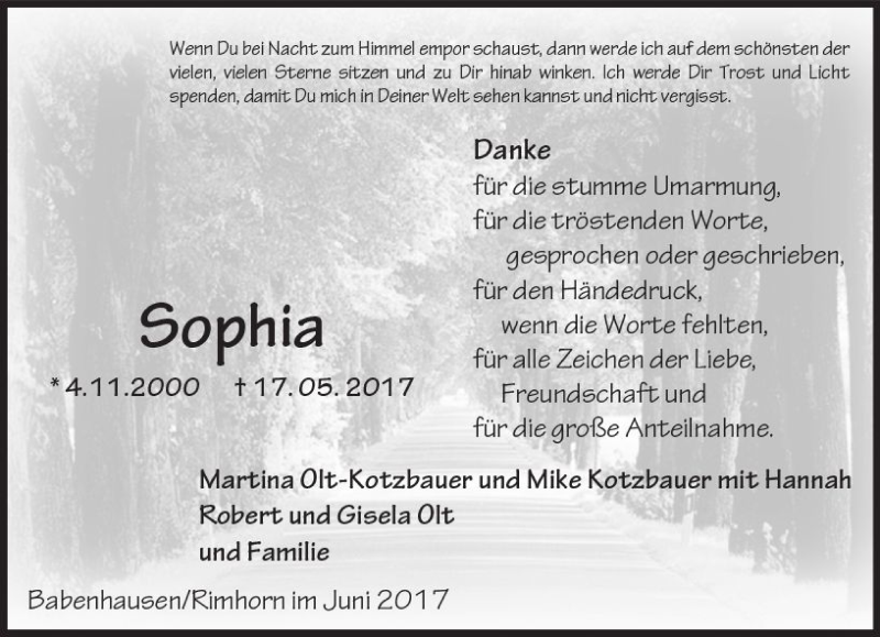  Traueranzeige für Sophia Kotzbauer vom 10.06.2017 aus Trauerportal Echo Online