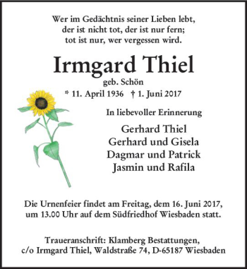 Traueranzeige von Irmgard Thiel von Trauerportal Rhein Main Presse
