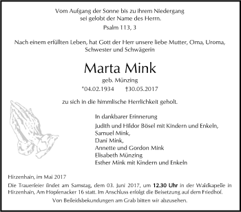 Traueranzeige von Marta Mink von  Kreisanzeiger
