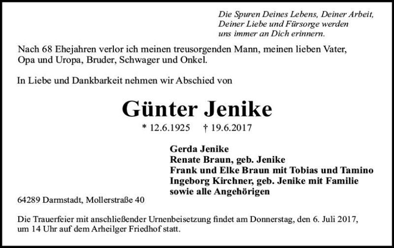  Traueranzeige für Günter Jenike vom 24.06.2017 aus Trauerportal Echo Online