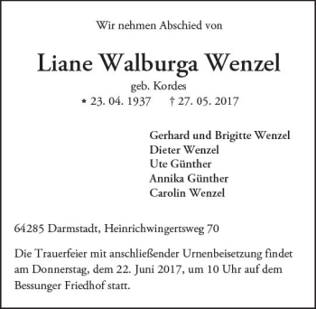 Traueranzeige von Liane Walburga Wenzel von Trauerportal Echo Online
