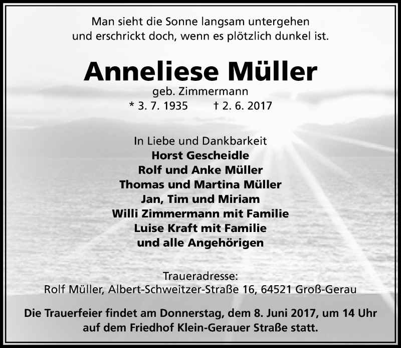  Traueranzeige für Anneliese Müller vom 06.06.2017 aus Trauerportal Echo-Online