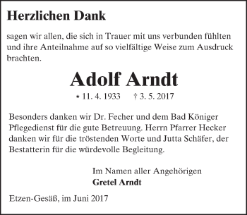 Traueranzeige von Adolf Arndt von Trauerportal Echo Online