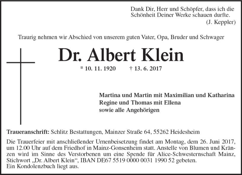  Traueranzeige für Albert Klein vom 21.06.2017 aus Trauerportal Rhein Main Presse
