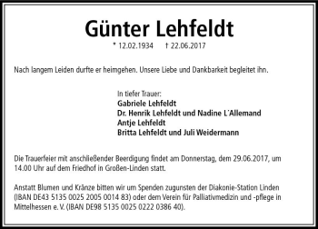 Traueranzeige von Günter Lehfeldt von  Gießener Anzeiger