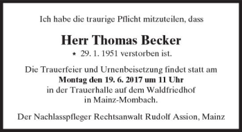 Traueranzeige von Thomas Becker von Trauerportal Rhein Main Presse