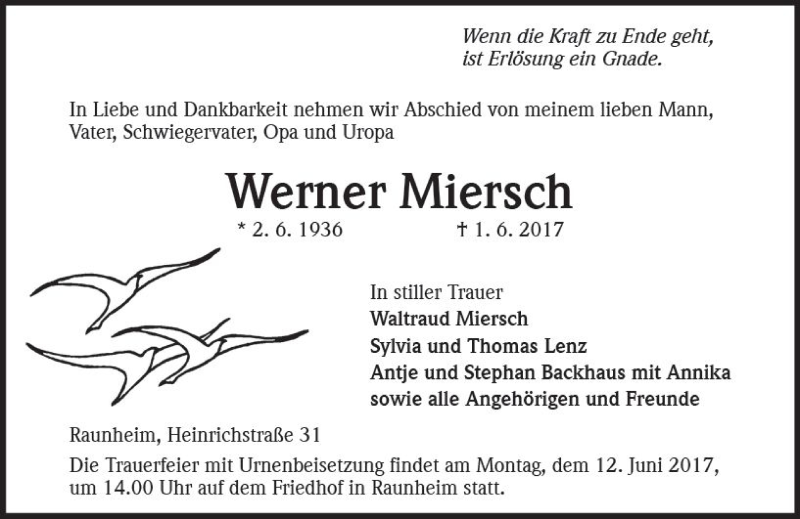  Traueranzeige für Werner Miersch vom 07.06.2017 aus Trauerportal Rhein Main Presse