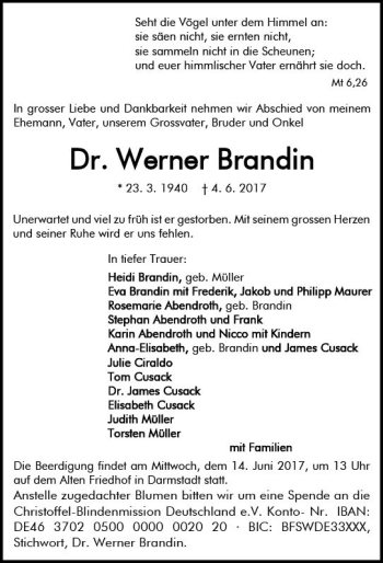 Traueranzeige von Werner Brandin von Trauerportal Echo Online