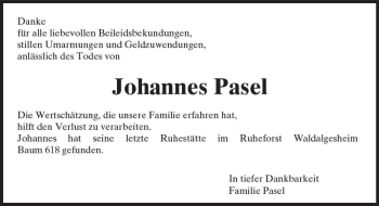 Traueranzeige von Johannes Pasel von Trauerportal Rhein Main Presse