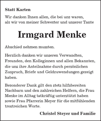 Traueranzeige von Irmgard Menke von Trauerportal Rhein Main Presse