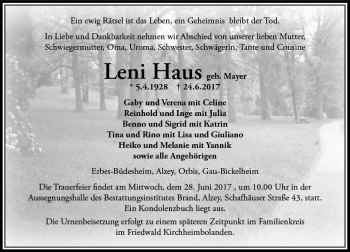 Traueranzeige von Leni Haus von Trauerportal Rhein Main Presse
