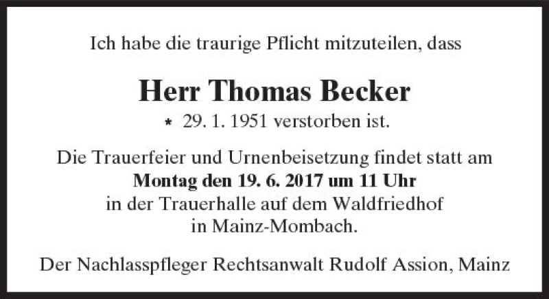 Traueranzeige für Thomas Becker vom 17.06.2017 aus Trauerportal Rhein Main Presse