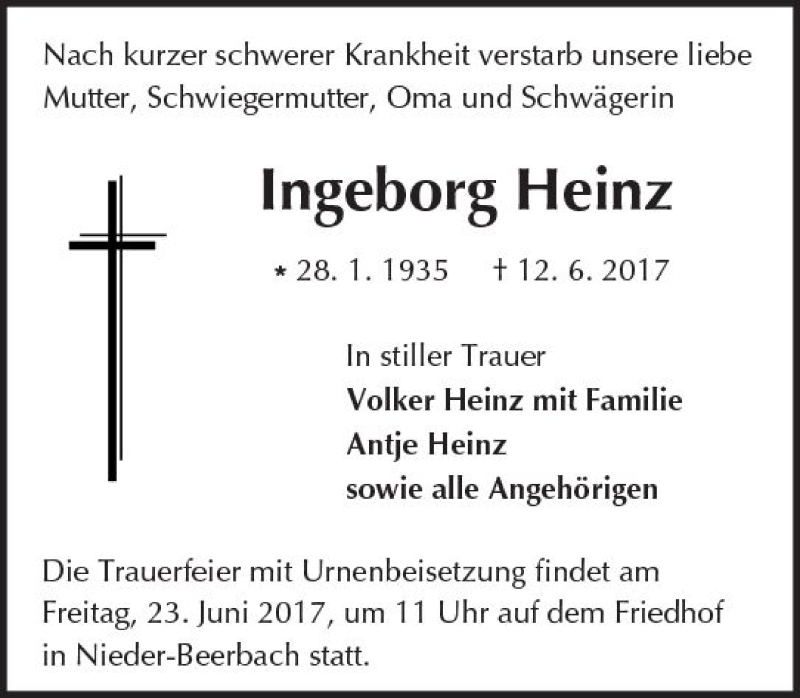  Traueranzeige für Ingeborg Heinz vom 17.06.2017 aus Trauerportal Echo Online