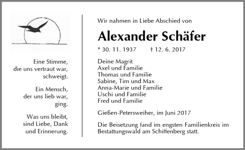  Traueranzeige für Alexander Schäfer vom 21.06.2017 aus  Gießener Anzeiger