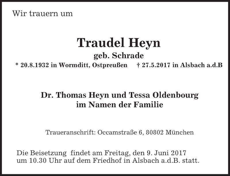 Traueranzeige für Traudel Heyn vom 03.06.2017 aus Trauerportal Rhein Main Presse