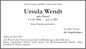 Traueranzeige von Ursula Wendt von Trauerportal Rhein Main Presse