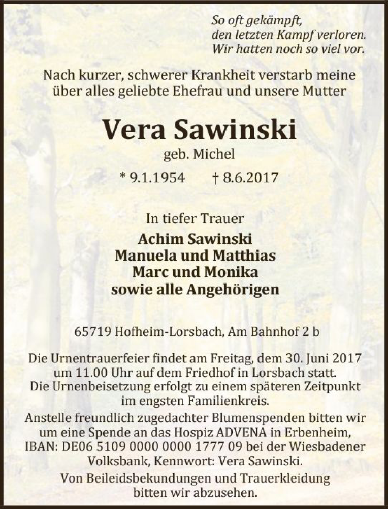  Traueranzeige für Vera Sawinski vom 16.06.2017 aus Trauerportal Rhein Main Presse