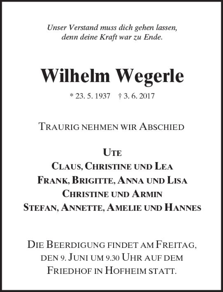  Traueranzeige für Wilhelm Wegerle vom 07.06.2017 aus Trauerportal Echo Online
