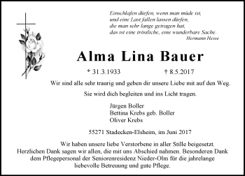 Traueranzeige von Alma Lina Bauer von Trauerportal Rhein Main Presse