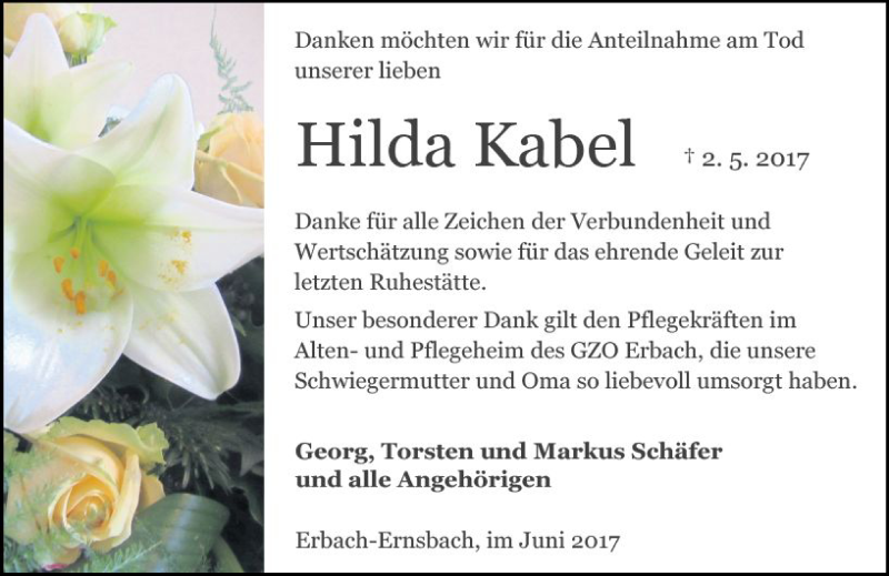  Traueranzeige für Hilda Kabel vom 10.06.2017 aus Trauerportal Echo Online