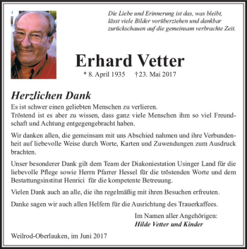 Traueranzeige von Erhard Vetter von  Usinger Anzeiger