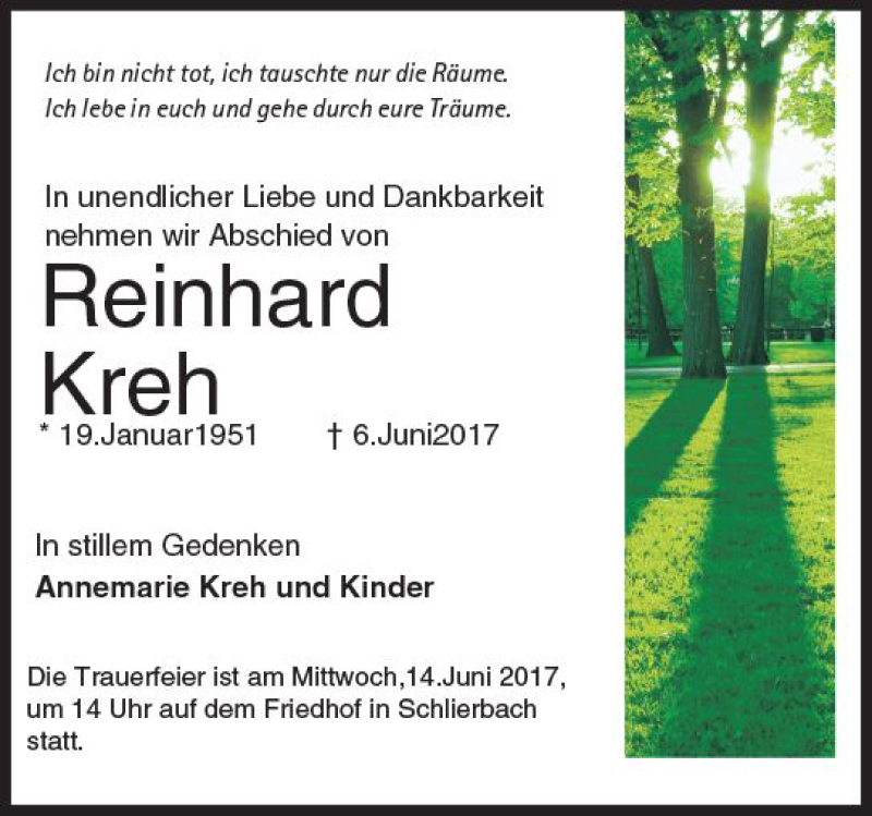  Traueranzeige für Reinhard Kreh vom 12.06.2017 aus Trauerportal Rhein Main Presse