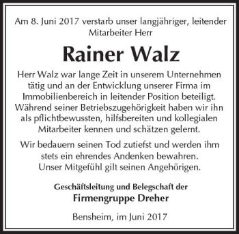 Traueranzeige von Rainer Walz von Trauerportal Echo Online