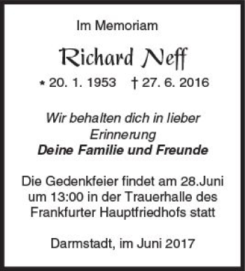 Traueranzeige von Richard Neff von Trauerportal Echo Online