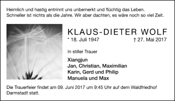 Traueranzeige von Klaus-Dieter Wolf von Trauerportal Echo Online
