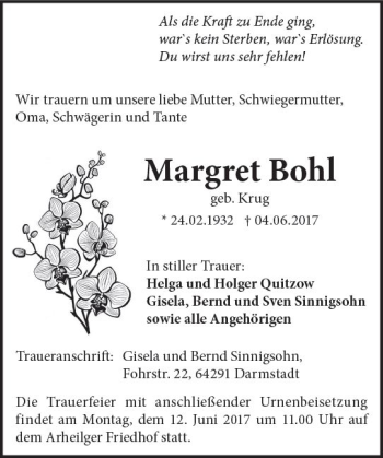 Traueranzeige von Margret Bohl von Trauerportal Echo Online