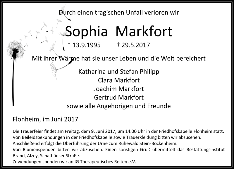 Traueranzeige für Sophia Markfort vom 03.06.2017 aus Trauerportal Rhein Main Presse