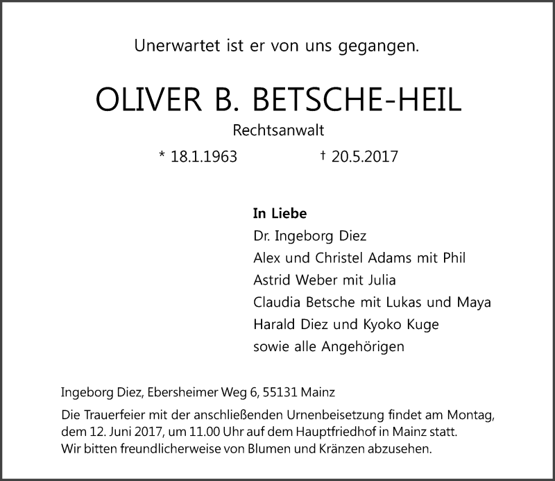  Traueranzeige für Oliver B. Betsche-Heil vom 03.06.2017 aus Trauerportal Rhein Main Presse