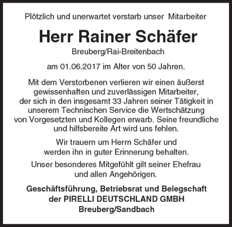  Traueranzeige für Rainer Schäfer vom 07.06.2017 aus Trauerportal Echo Online