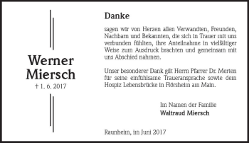 Traueranzeige von Werner Miersch von Trauerportal Rhein Main Presse