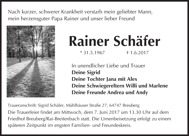  Traueranzeige für Rainer Schäfer vom 03.06.2017 aus Trauerportal Echo Online