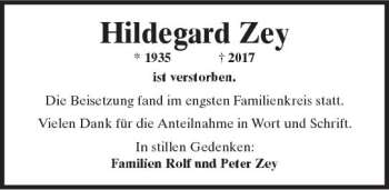 Traueranzeige von Hildegard Zey von Trauerportal Rhein Main Presse